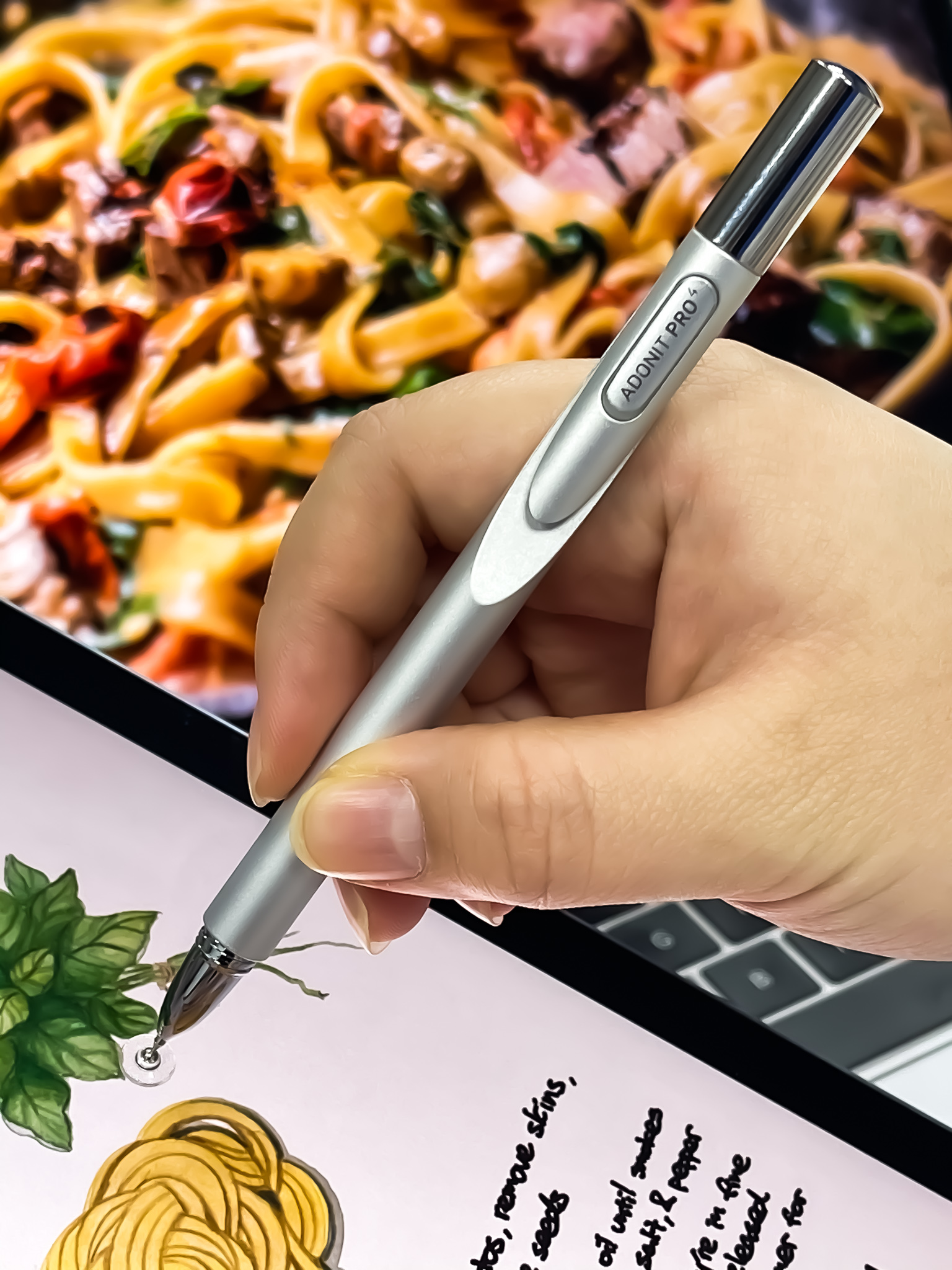 Drawing a homemade pasta recipe illustration on iPad