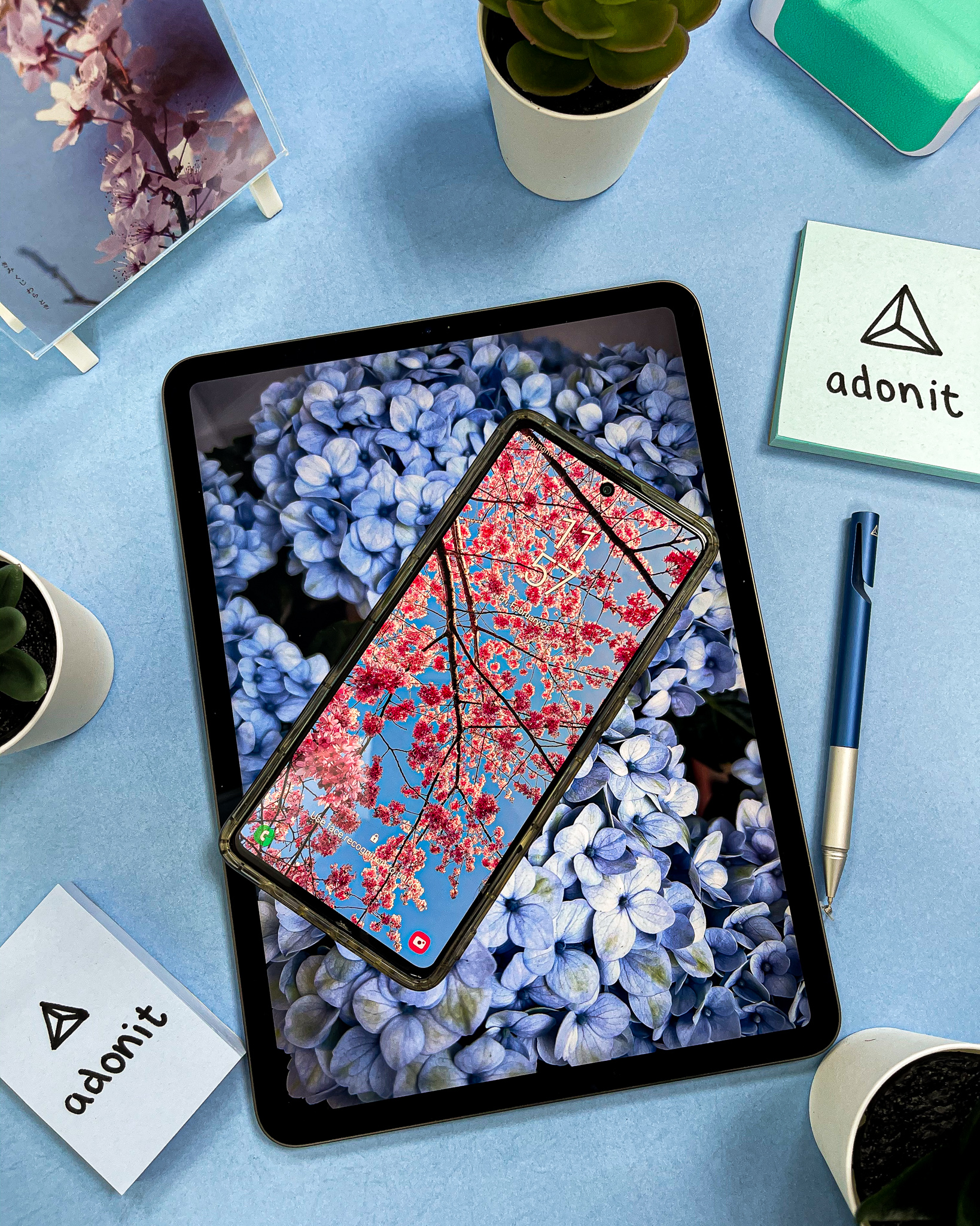 iPad showing blue hydrangeas with an Adonit note, blue desk
