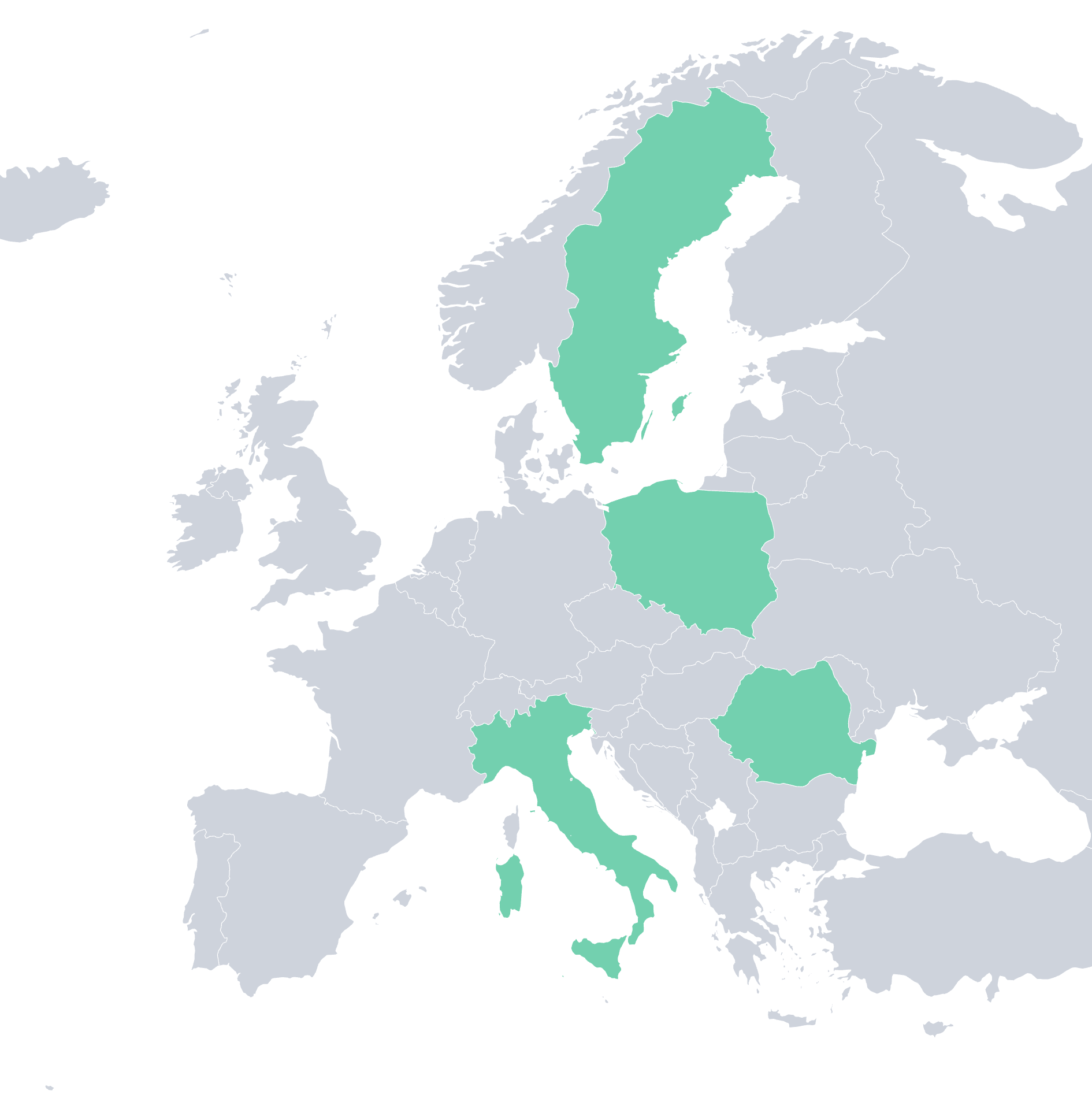 Map of Europe exported from the tool, four countries highlighted, on a transparent background